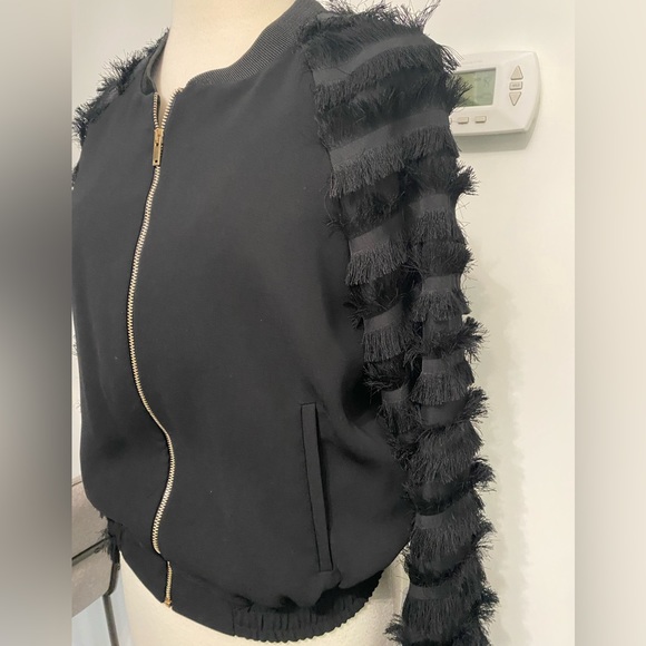 ZARA Black Bomber Jacket with Fringe Sleeve Detail -Size S - EUC - Picture 1 of 8